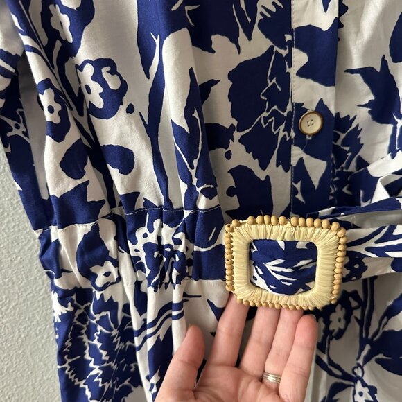 Zara 100% Cotton Blue White Floral Print Midi Shirt Dress LARGE Button Front - Picture 4 of 8